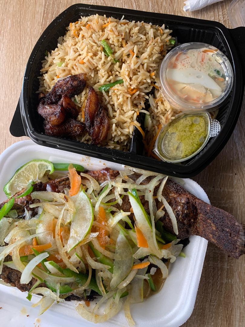 AB Cuisine — Vegetable Fried Rice & Grilled Fish, at Maggie's Guesthouse, Esiama