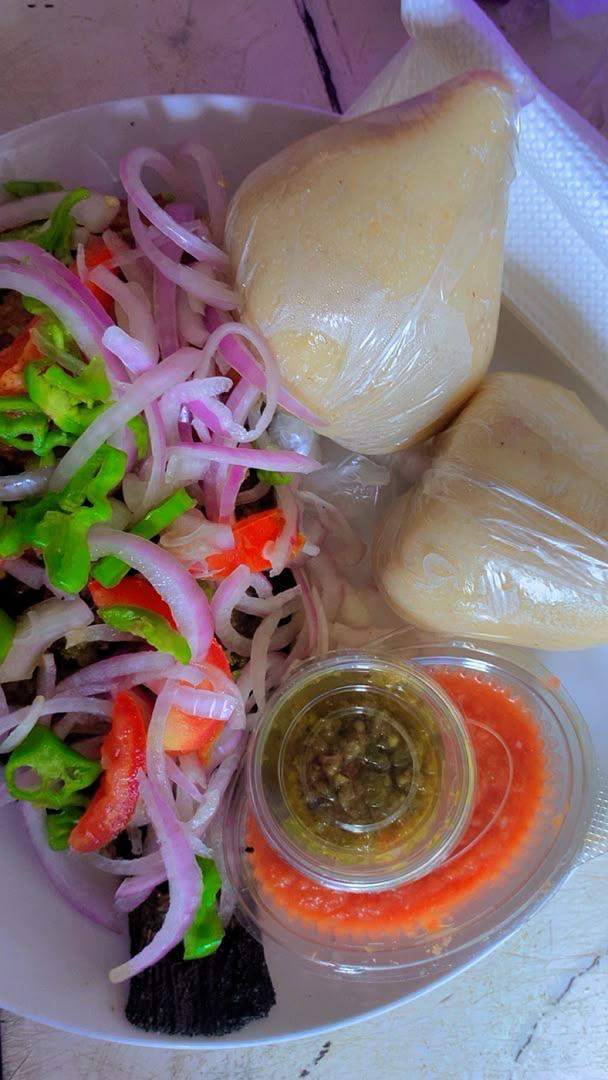 Banku with Grilled Meat — fire-grilled, pepper-kissed, with shito