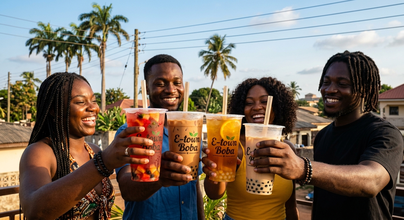 E-Town Boba — friends toasting with branded bubble tea cups
