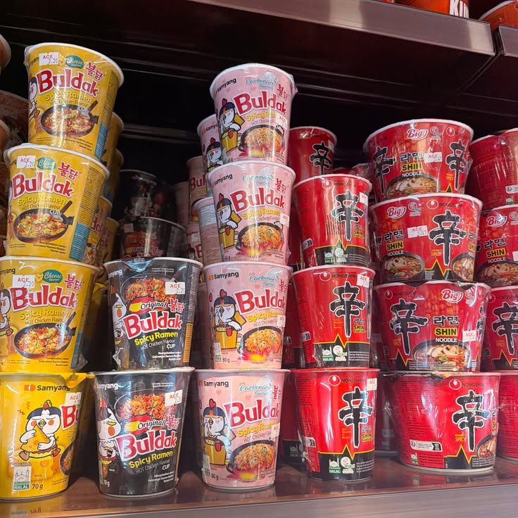 Buldak and other Asian instant noodle cups on display