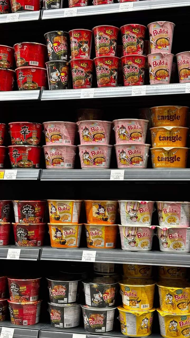 Buldak ramen cups on display