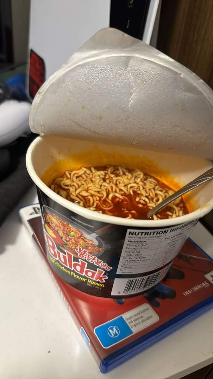 A prepared cup of Buldak ramen