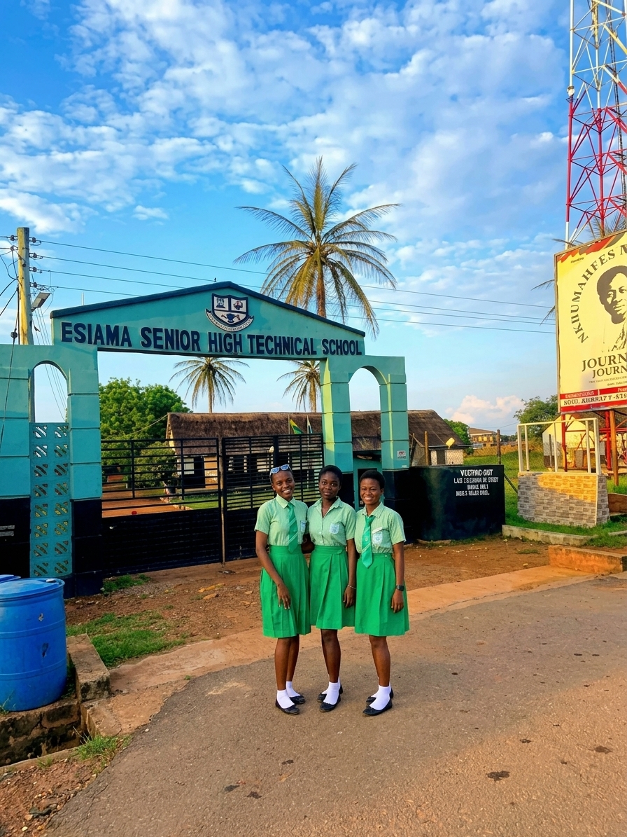 Esiama Senior High Technical School gate — students at the arch