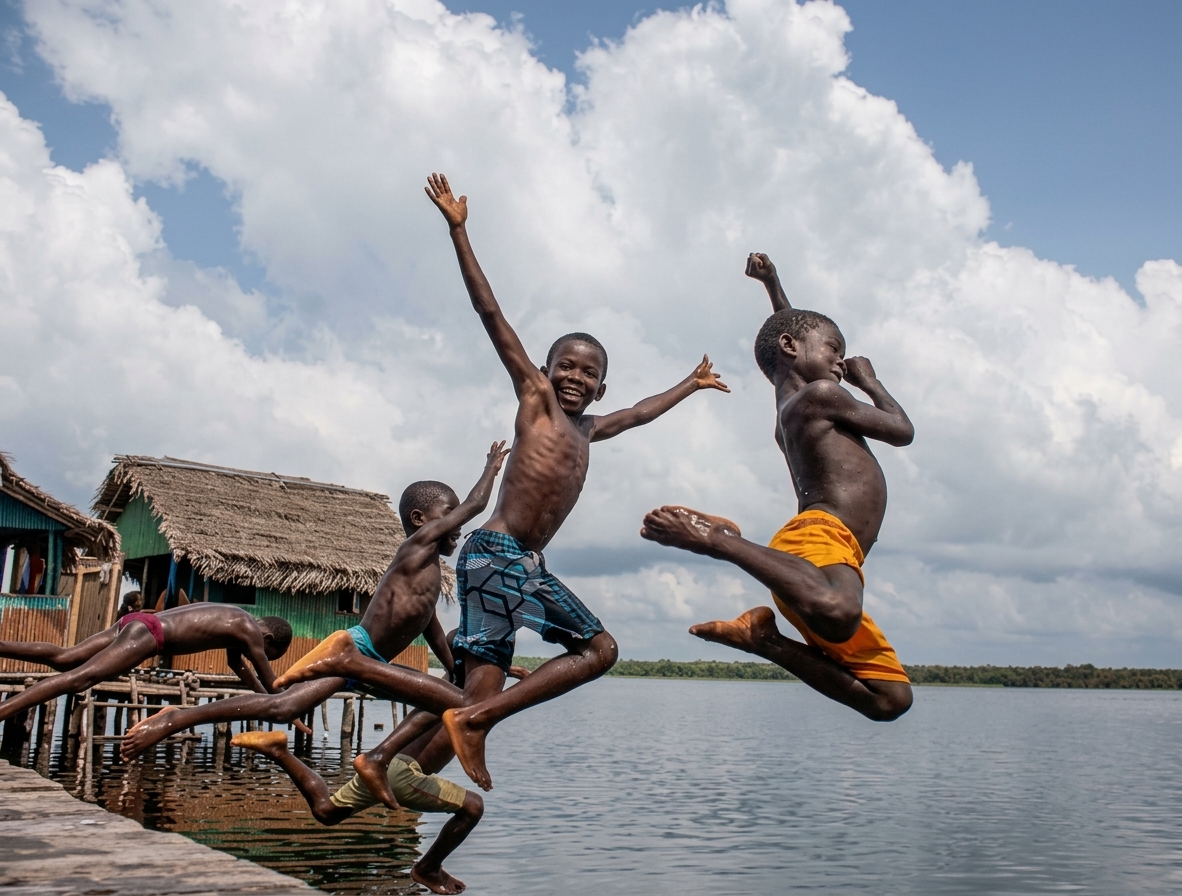 Nzulezo — children diving from a stilt house into the lake